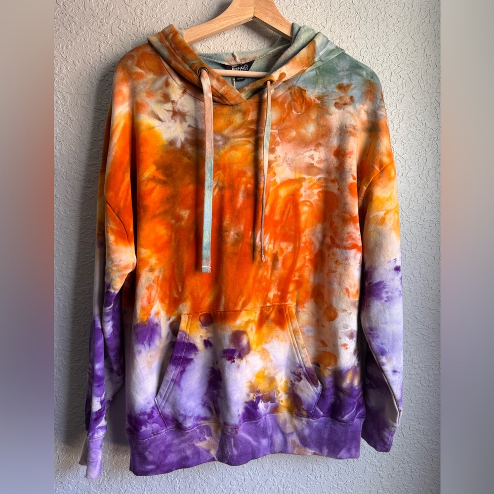 Buffalo David Bitton Hoodie Size Large Ice Dyed Green, Orange, Purple